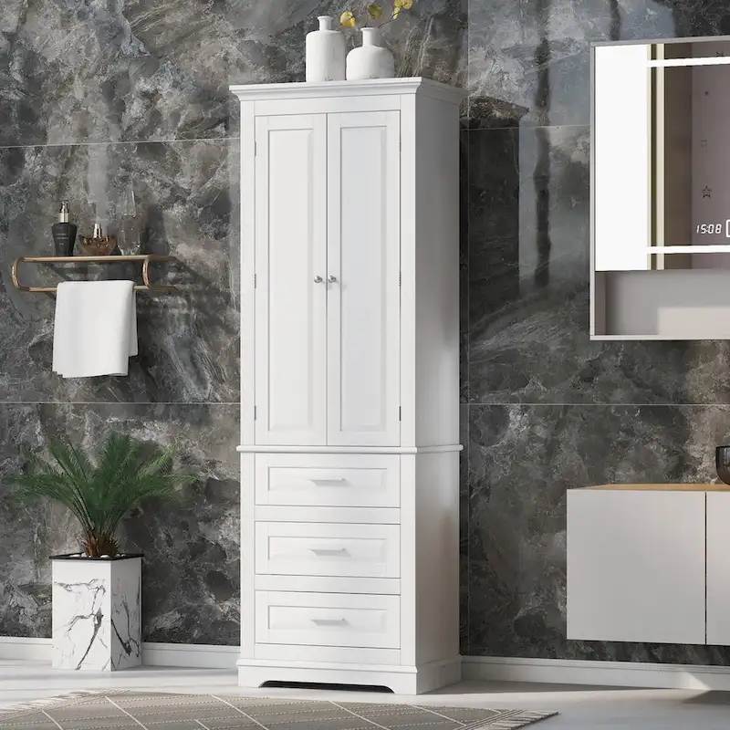 Tall Storage Cabinet with 3 Drawers and 2 Doors, White