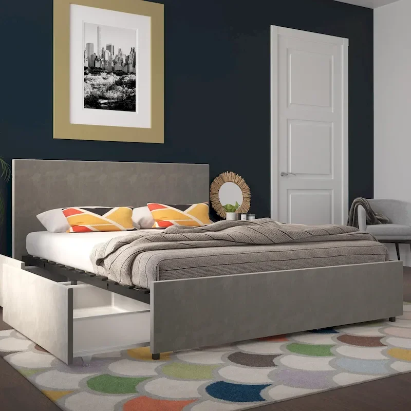 Velvet Upholstered Platform Bed with 4 Locking Storage Drawers – No Box Spring