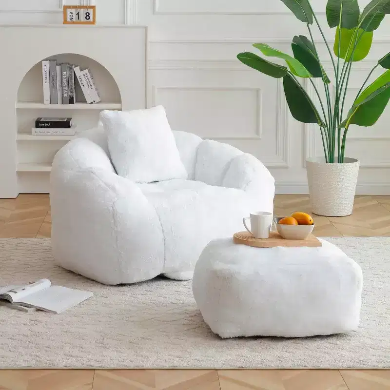 TUYOHW Shell Shaped Bean Bag Chair with Ottoman,Faux Fur Lounger & Footstool Set,Oversized Floor Sofa for Adults