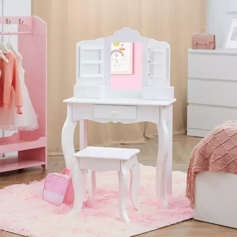 White Kids Vanity Table & Stool Set with Mirror and Storage, 1-Person