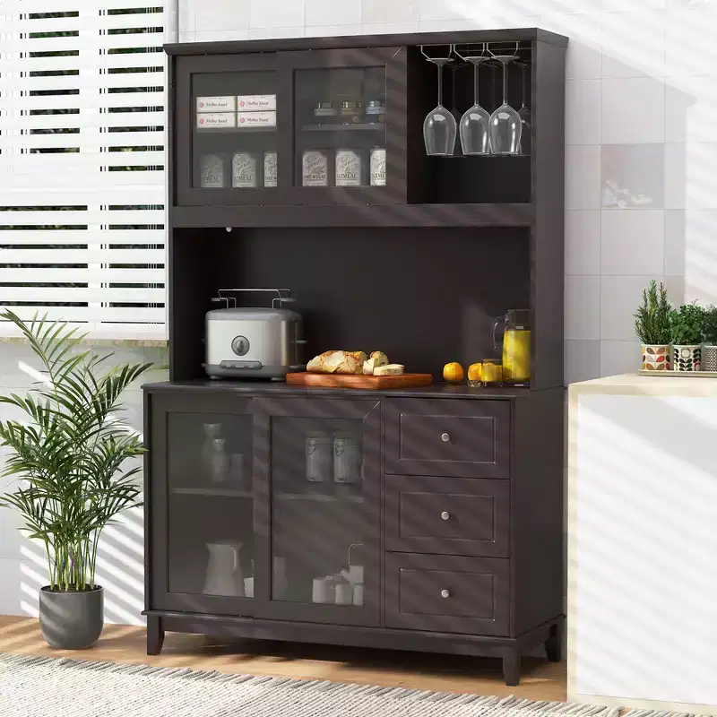 Costway Kitchen Pantry Storage Cabinet Kitchen Hutch w/ LED lights & Power Outlet Dark Brown