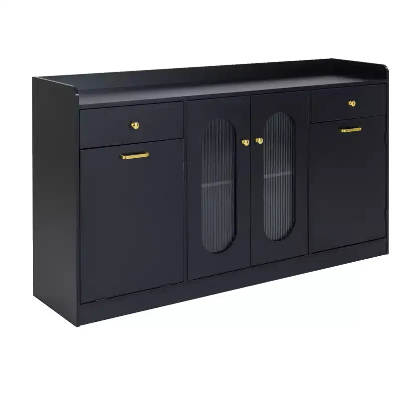 55 Large Buffet Cabinet with 2 Glass Doors, 2 Drawers, 2 Door Shelves for Kitchen Black/White