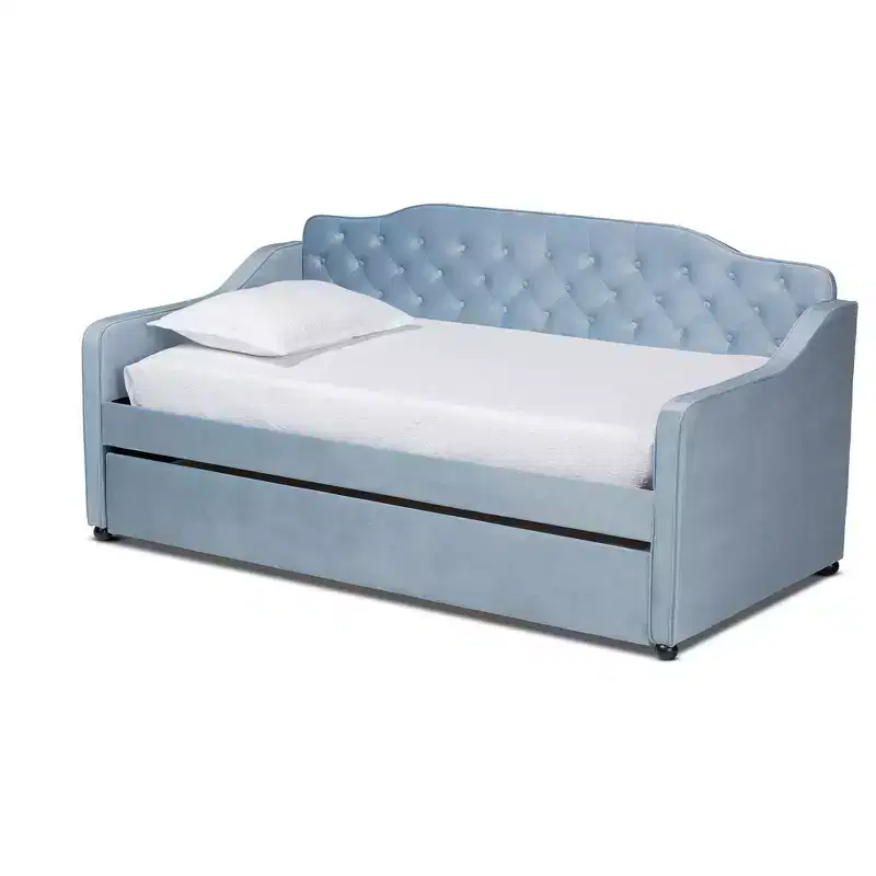 Twin Freda Velvet Tufted Daybed with Trundle Light Blue - Baxton Studio: Upholstered, Mid-Century Modern, No Box Spring Required