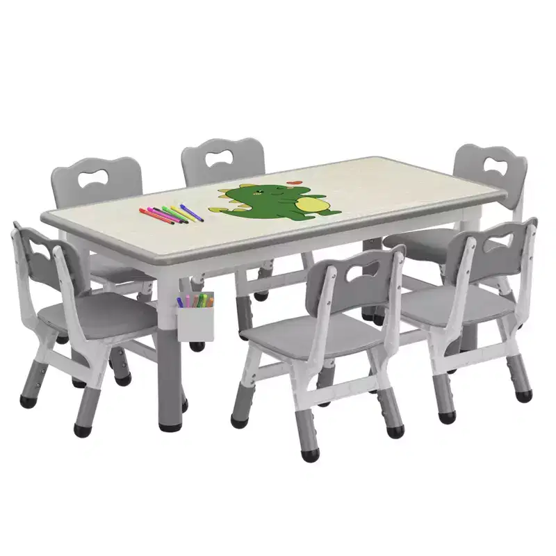 Kids Table and 6 Chairs Set with Storage Box, Height Adjustable Toddler Table and Chair Set for Ages 2-10