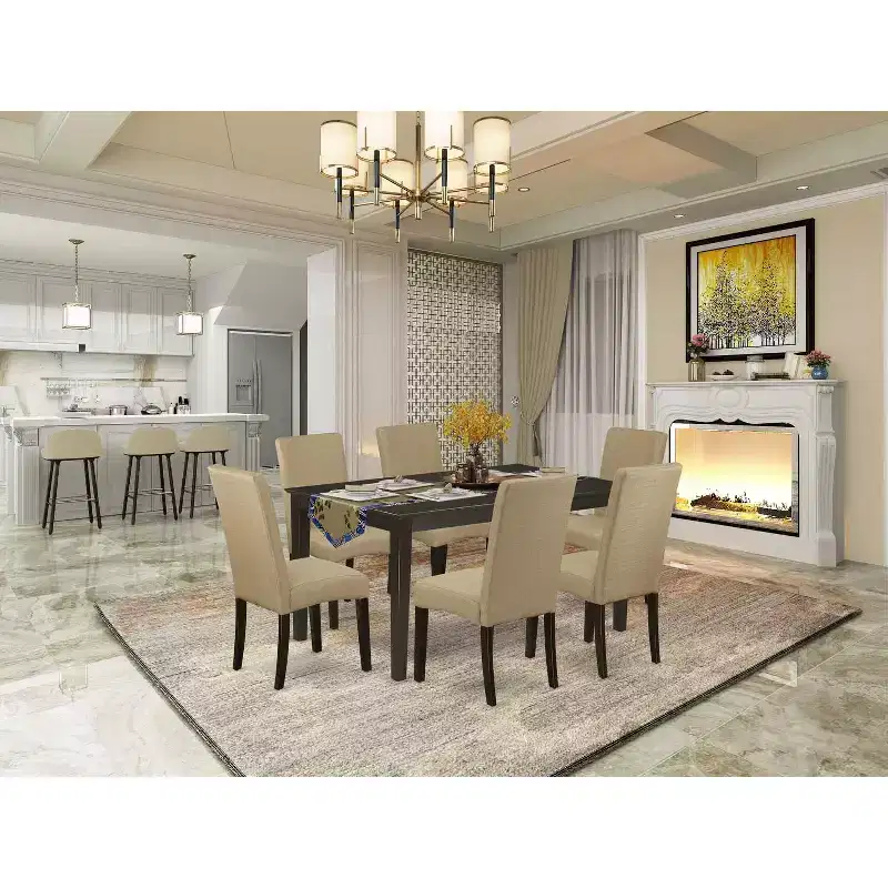 HomeStock 7 Piece Kitchen Table Set Mahogany Linen Fabric Parsons Chairs