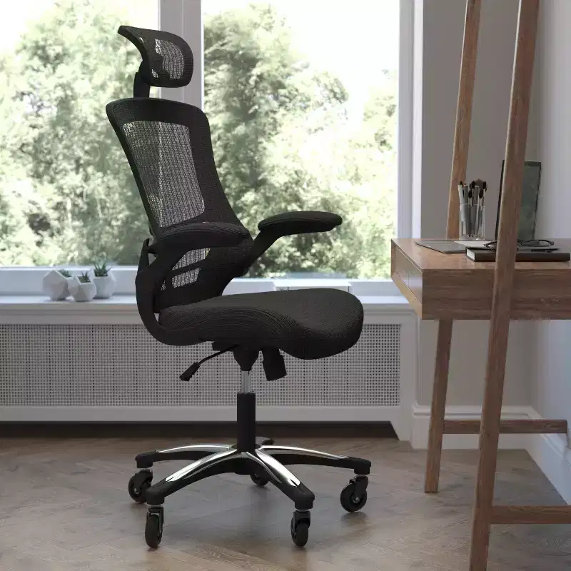 Flash Furniture Kelista High-Back Black Mesh Swivel Ergonomic Executive Office Chair with Flip-Up Arms and Transparent Roller Wheels
