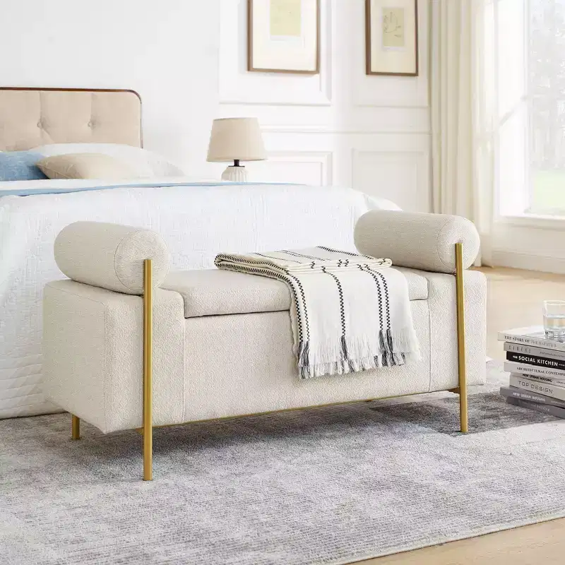 Okak Elegent Storage Bench with Cylindrical Arms, Upholstered End of Bed Bench with Iron Legs, Entryway Bench for Living Room, Bedroom, Bedroom