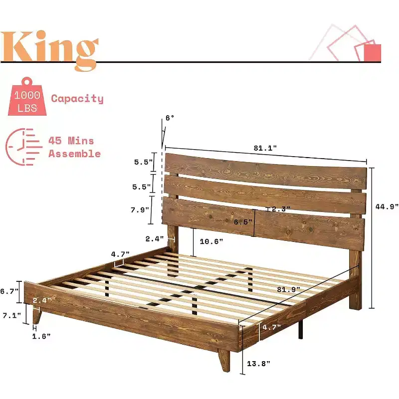 Solid Wood Bed Frame with Headboard, No Box Spring Needed