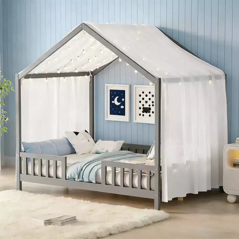 Luxystar Full Size Low House Shape Montessori Bed Frame With Curtains