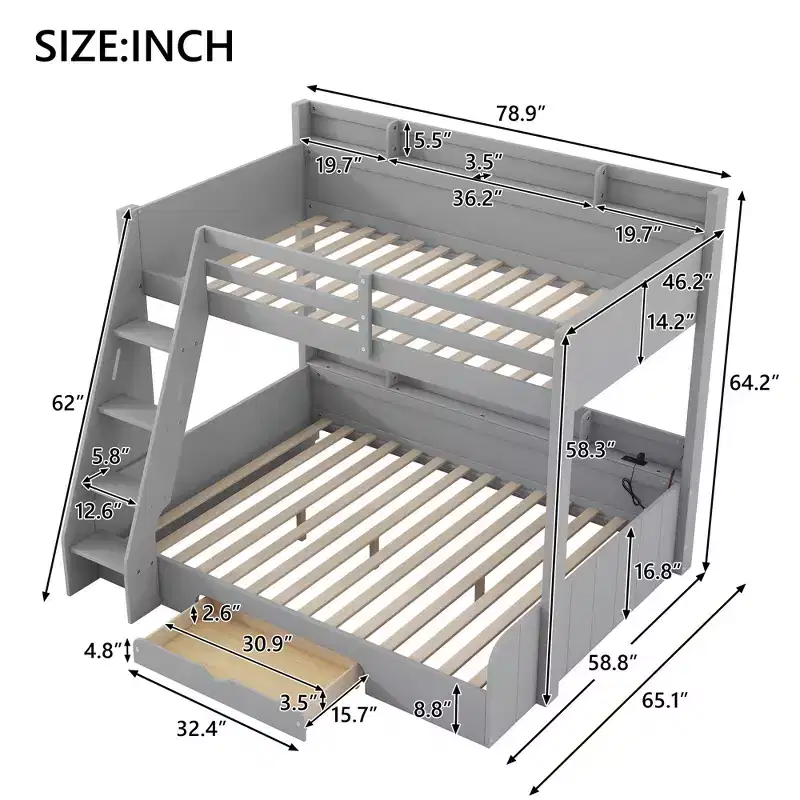 Twin over Full Bunk Bed with Storage, LED Lights & Charging Station, Wood Bunked Bed Beside Shelves for Kids & Teens