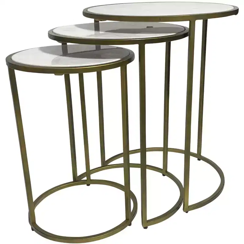Round Nested Tables, White & Antiqued Gold Marble and Iron