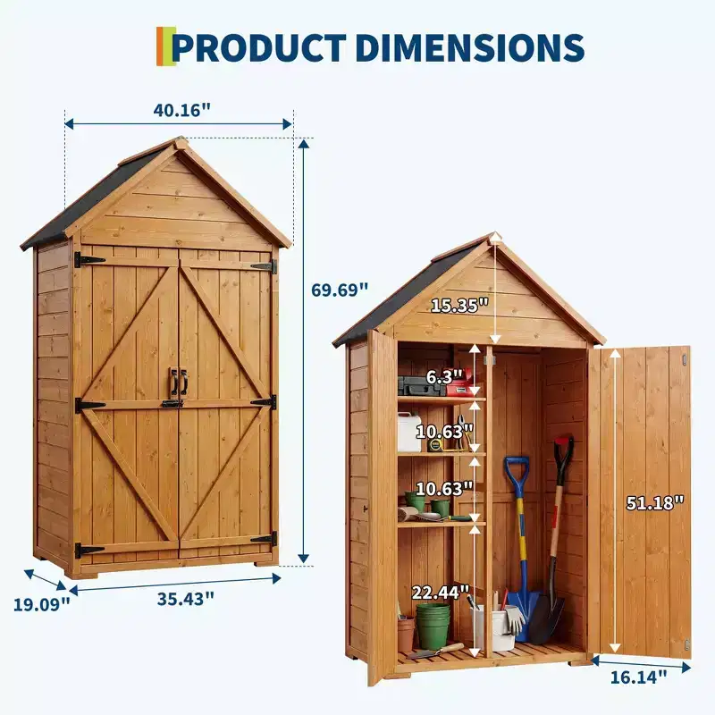 70 Wooden Garden Tool Shed with Shelves & Floor & Anti-Tipping Lockable Waterproof Outdoor Storage Cabinet for Patio, Backyard, Deck & Lawn