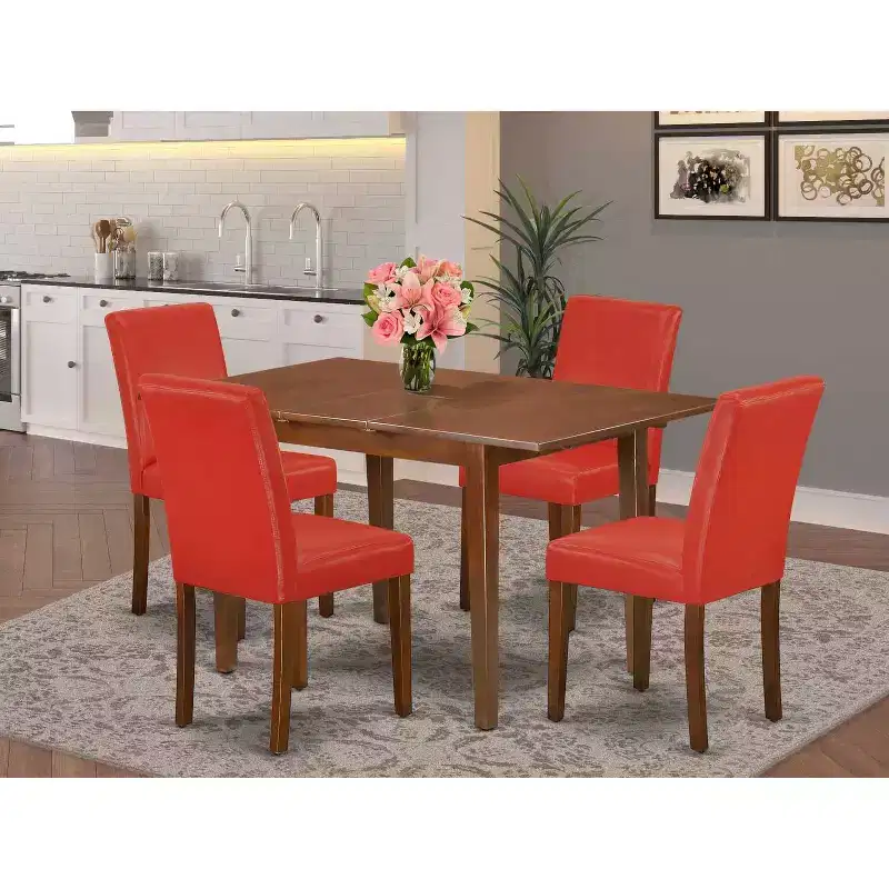 Coastal Kitchen Table Set - 5Pc Rectangle Dining Table w/ Leaf & 4 Chairs - Firebrick Red