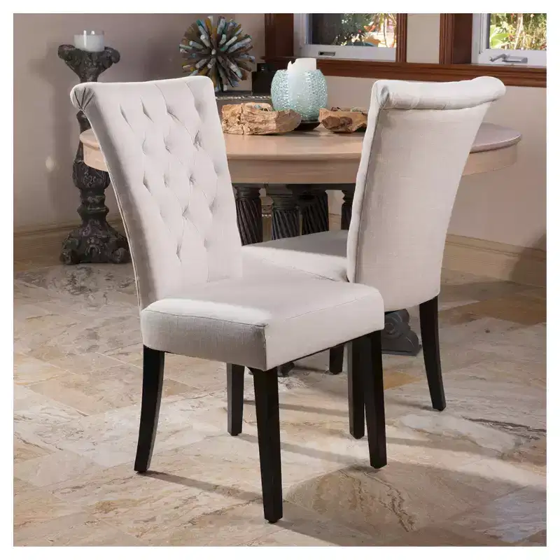 Set of 2 Tufted High Back Dining Chairs, Cotton Upholstery, Dark Stained Legs, 250 lb