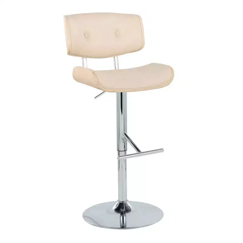 Set of 2 Lombardi Adjustable Barstools Chrome/Natural/Cream: Mid-Century, Tufted, Bent Wood, 360° Swivel - LumiSource