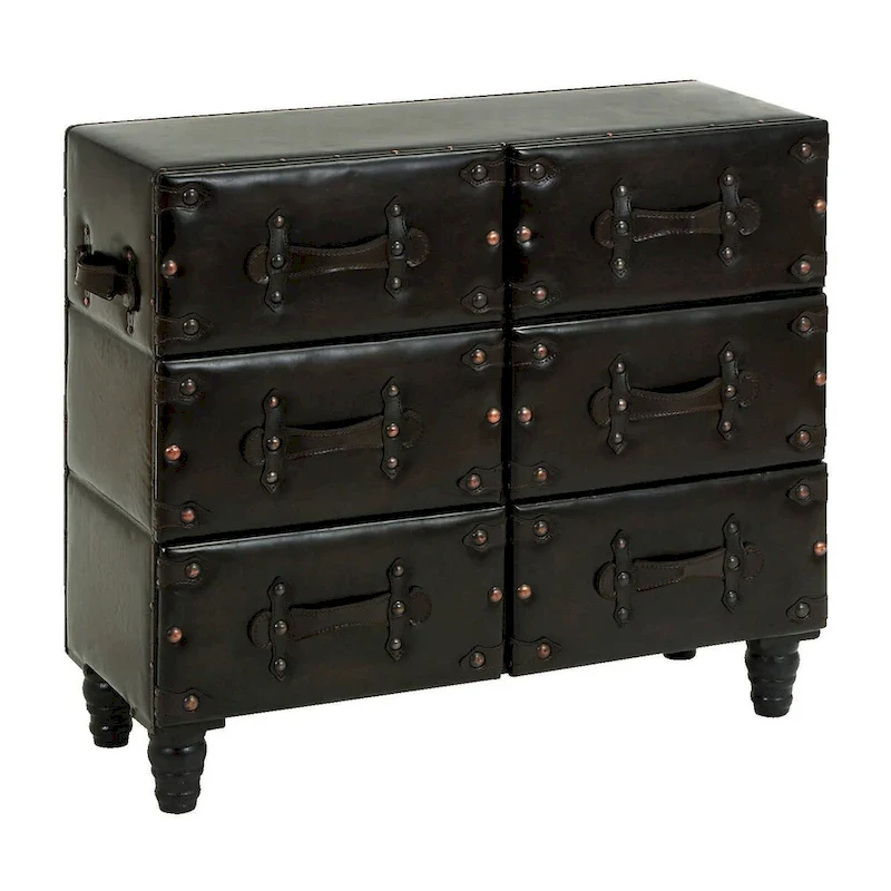 Vintage Faux Leather Storage Chest with Rivets and Straps - Black