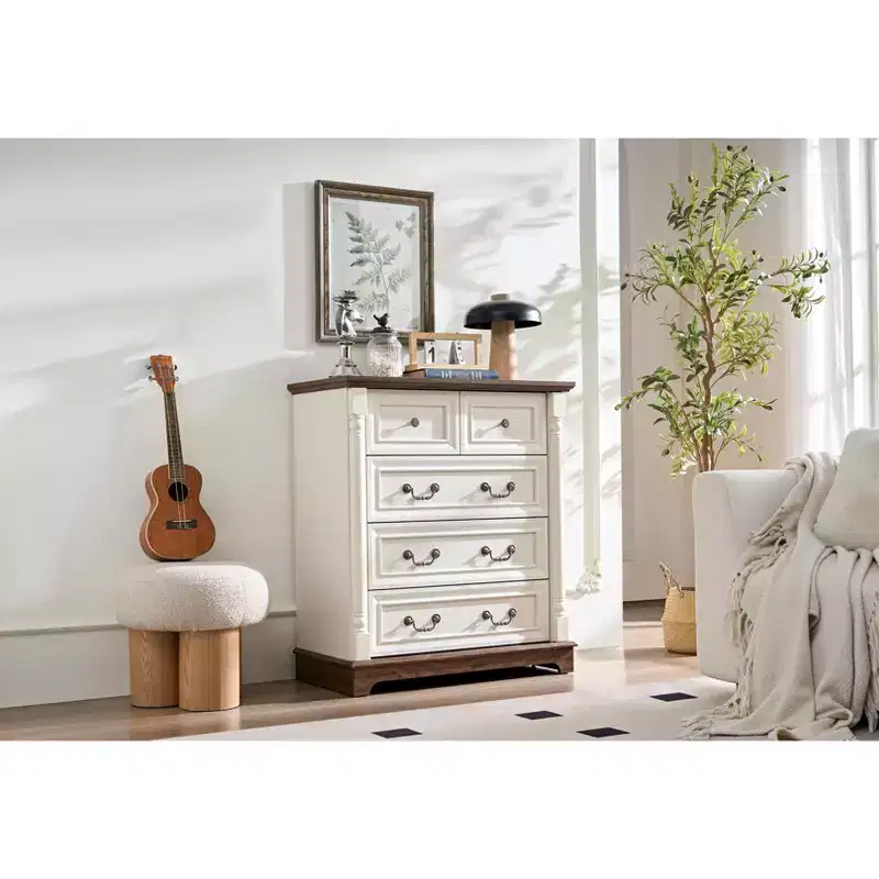 Chest of Drawers, Farmhouse Style 5 Drawer Dresser, Wooden Rustic Large Capacity Nightstand Cabinet for Home Office, Living Room, Bedroom