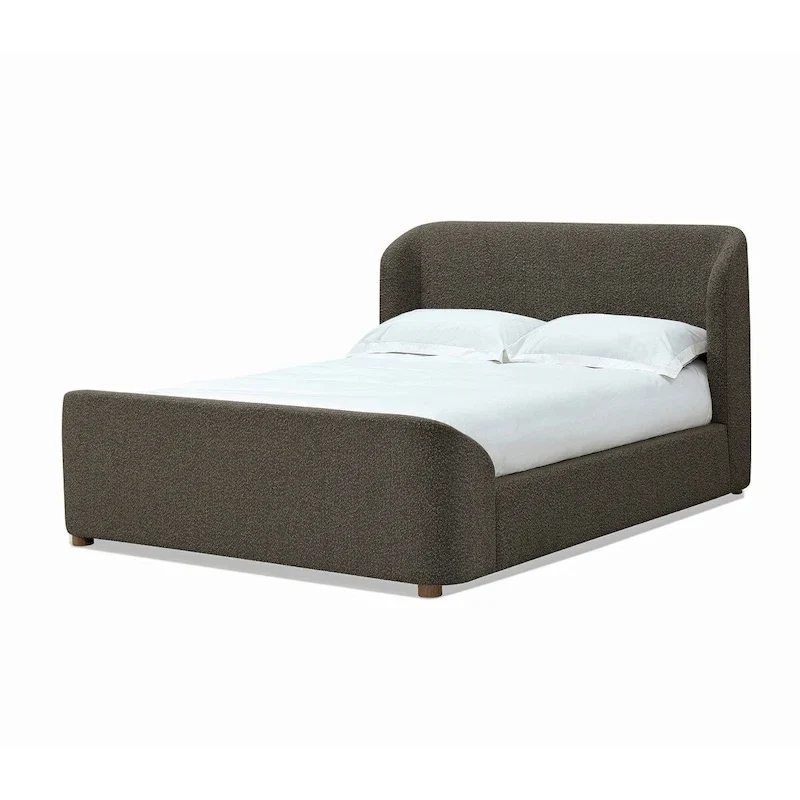 Queen Size Platform Bed, Soft Brown Boucle Upholstery, Curved Design