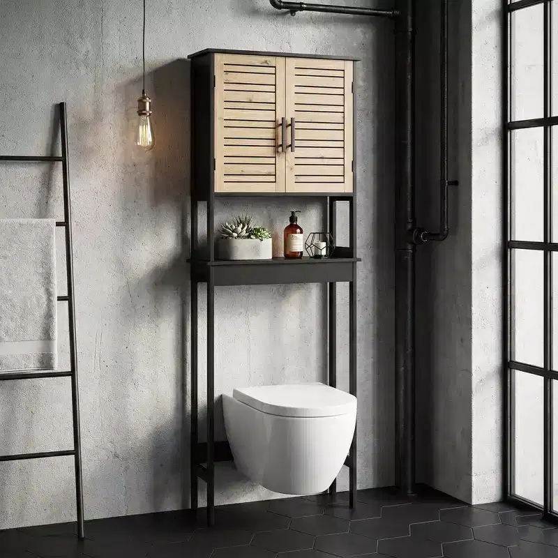 Over The Toilet Storage Cabinet with Double Vented Doors and Open Shelf, Black and Brown