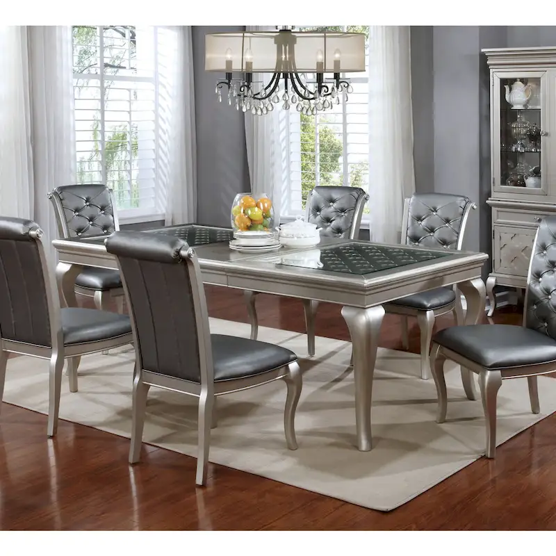 Glam Glass Top Wood Dining Table, Seats 4-6, Champagne Finish, 66 Inch