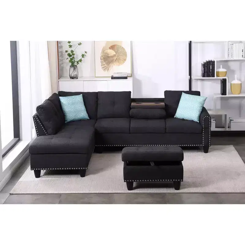 Okak 98 L-Shaped Sectional Couch with Movable Ottoman&2 Throw Pillows, Modern Linen Upholstered Sofa Chaise for Living Room,Apartment