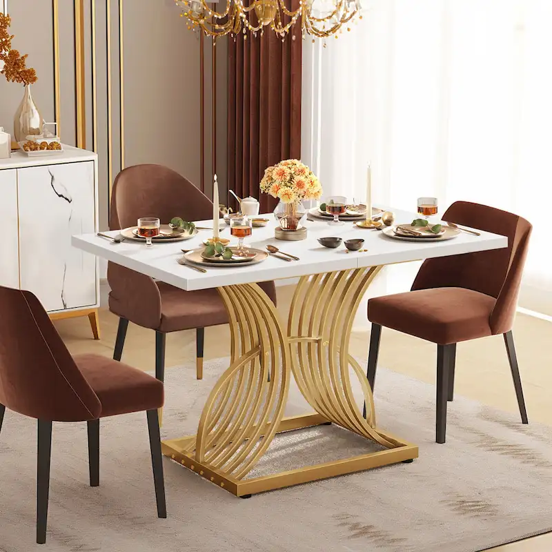 Rectangular Dining Table for 4, White and Gold