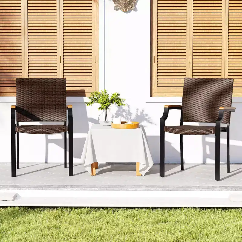 Costway Stacking Wicker Chairs Set of 2 with Acacia Wood Armrests & Metal Frame, Outdoor