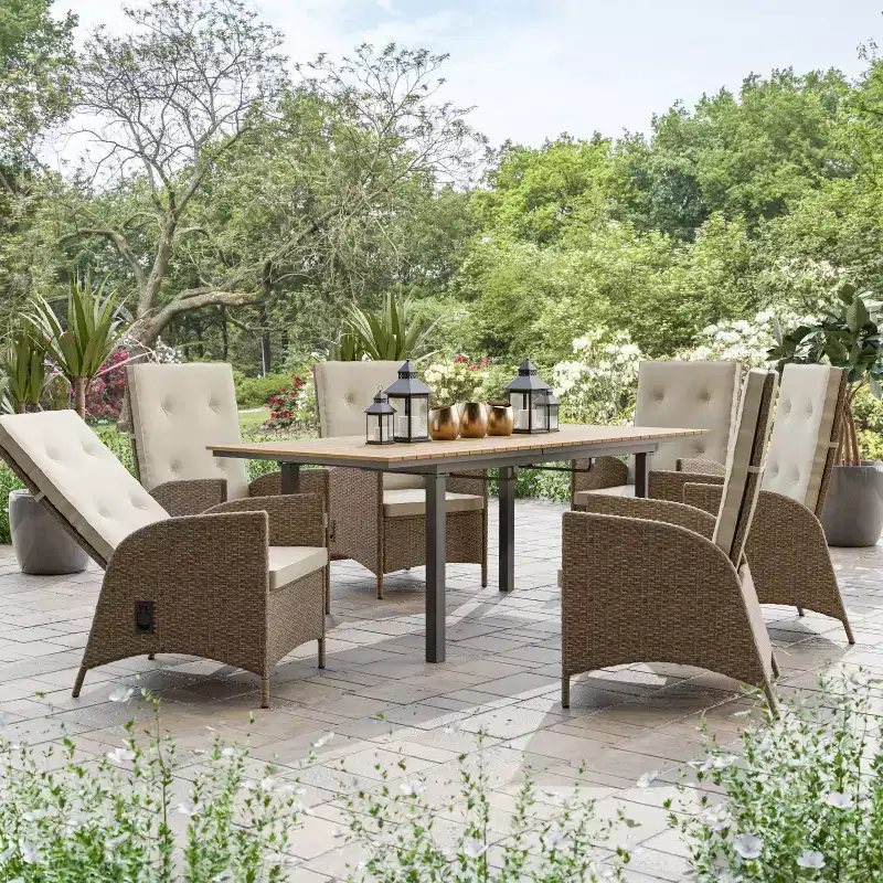 Greemotion 7pc Mackay Teak Wood Top Outdoor Patio Dining Set with Self Storing Butterfly Leaf & Reclining Chairs Brown