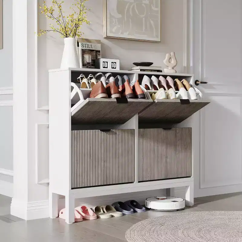 Shoe Storage Cabinet with 4 Flip Drawers, Slim Fluted Shoe Organizer, Narrow Hidden Shoe Rack