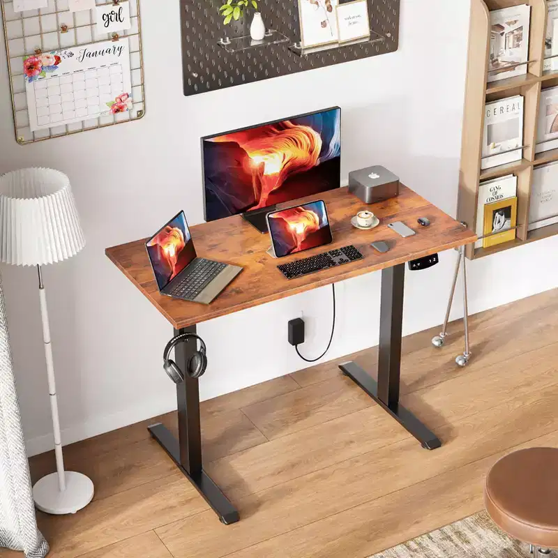 Qwatto 40 Inch Electric Standing Desk Adjustable Height Sit to Stand PC Desktop Workstation with Memory Presets Home Office Gaming Rustic Brown