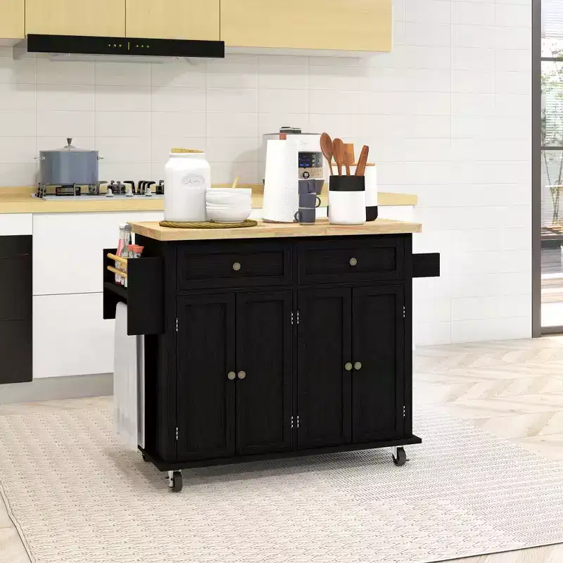 HOMCOM Kitchen Island on Wheels, Rolling Cart with Rubber Wood Top, Spice Rack, Towel Rack & Drawers for Dining Room