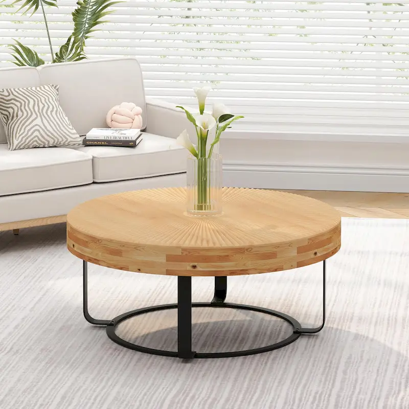 Modern Round Coffee Table with Carved Wood Pattern & Metal Legs