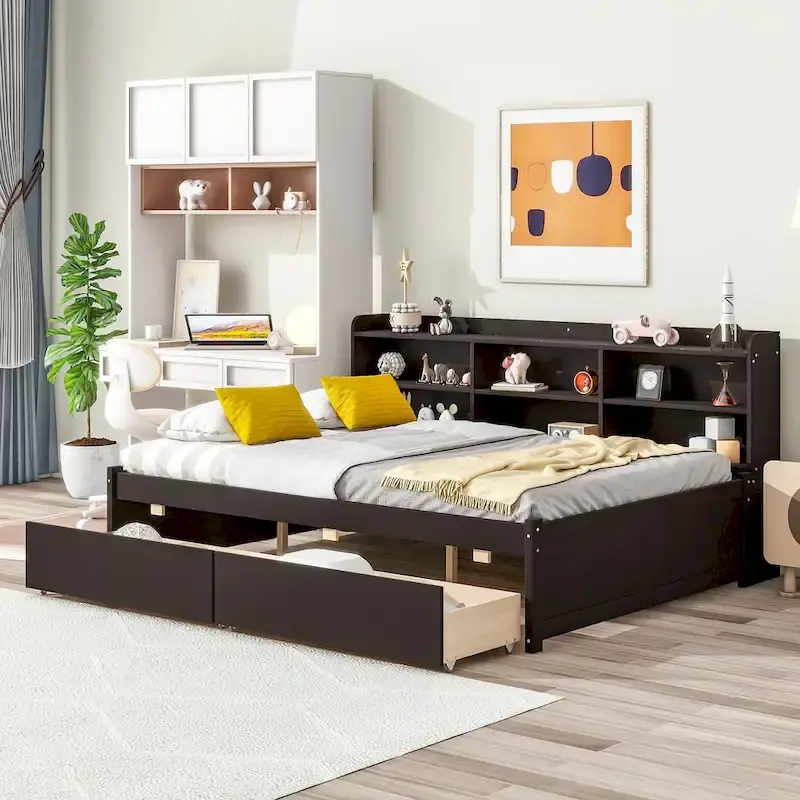 Full Bed with Side Bookcase Drawers