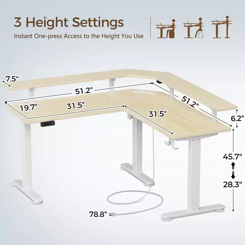 Height-Adjustable L-Shaped Standing Desk with RGB LED Lights, 4 AC Outlets & Built-In Monitor Stand