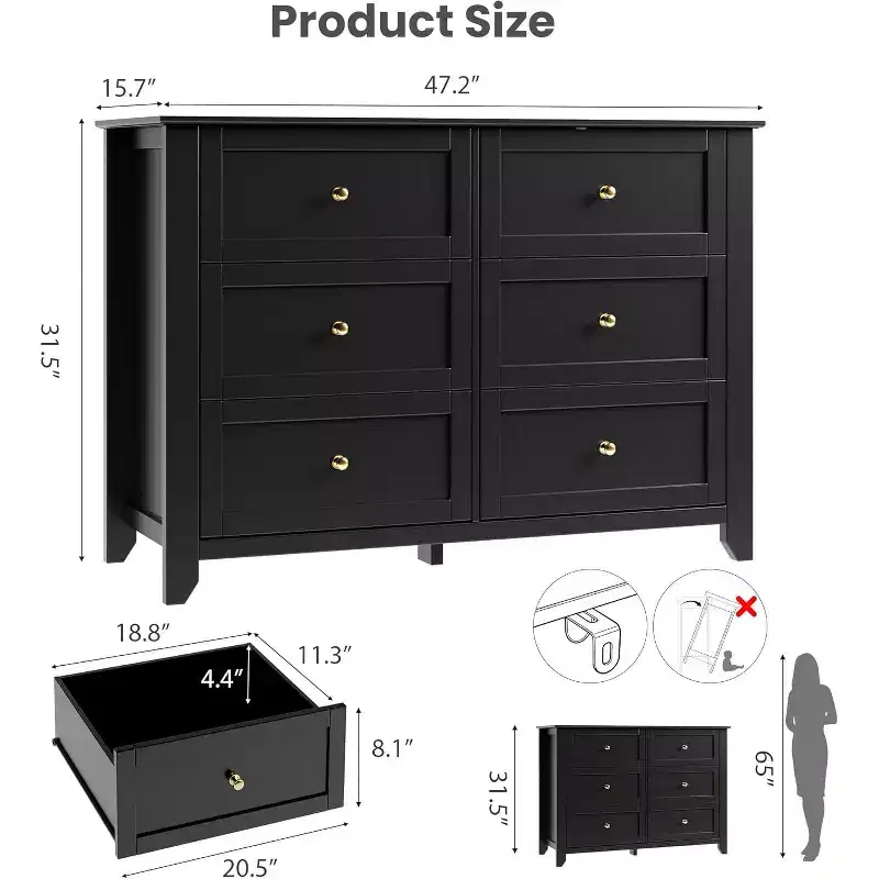 Black 6 Drawer Dresser for Bedroom, Large Dresser with Deep Drawers & Metal Knobs, Modern Wooden Chests of Drawers for Entryway, Hallway