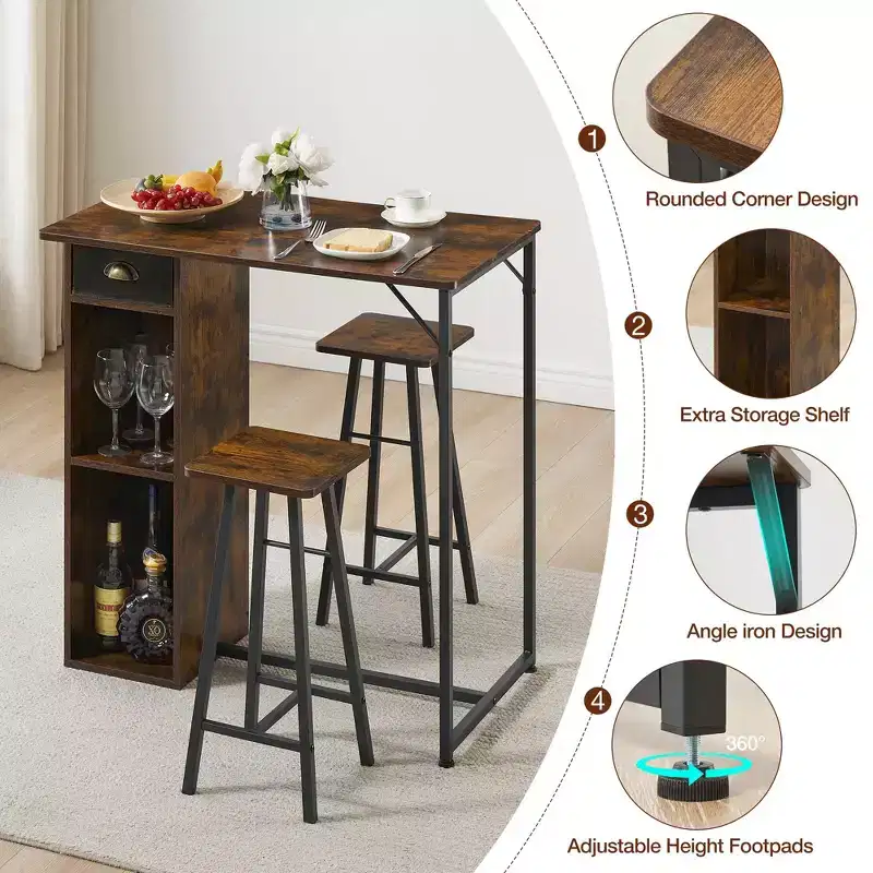 Bar Height Table and Chairs 2 Piece Small High Top Kitchen Table for 2 Seater, 3 Large Storage Shelves Space Saving for Dinner Pub Breakfast Brunch