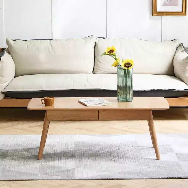GDFStudio Dean Oak Solid Wood Rectangular Coffee Table with Two Dawers