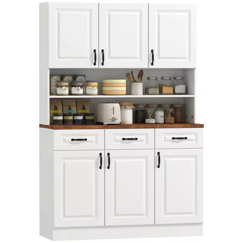 71 Kitchen Pantry Cabinet, Freestanding Farmhouse Storage Cabinet with Wide 2-Tier Microwave Stand Countertop, 3 Drawers, 6 Soft Closing Doors
