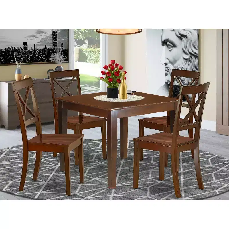 HomeStock Belmont 5Pc Square 36 Dining Table And 4 Wood Seat Dining Chairs, Mahogany