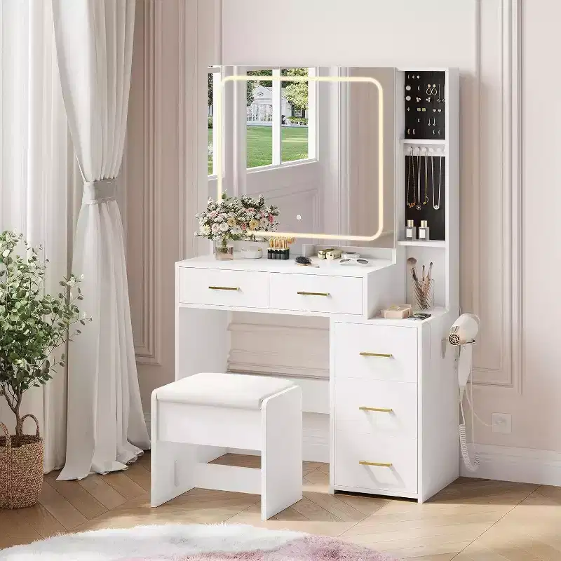 Acekool White Makeup Vanity Set with LED Mirror & Lights, 5 Drawers, Storage Stool, Power Outlet, and 3-Color Adjustable Lighting for Bedroom
