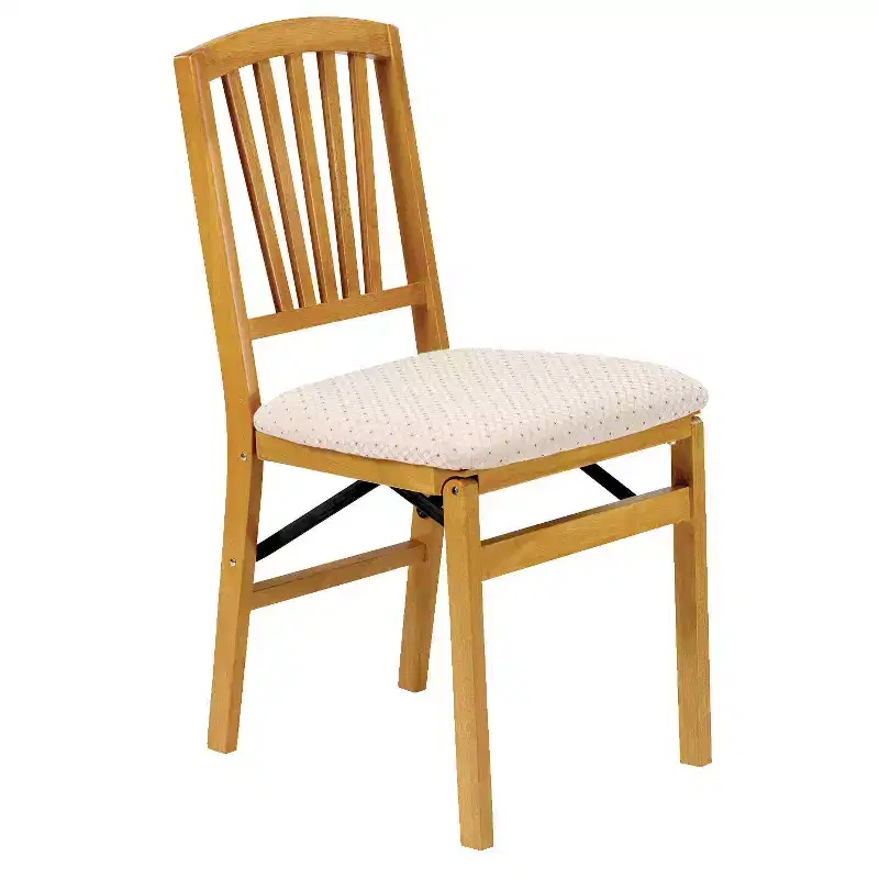 Set of 2 Slat Back Folding Chair Oak Brown Solid Hardwood, Padded Seat, Fully Assembled