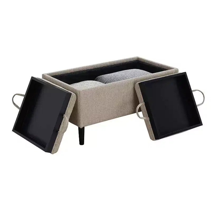 Storage Ottoman with Reversible Trays, Linen Fabric, Soft Beige