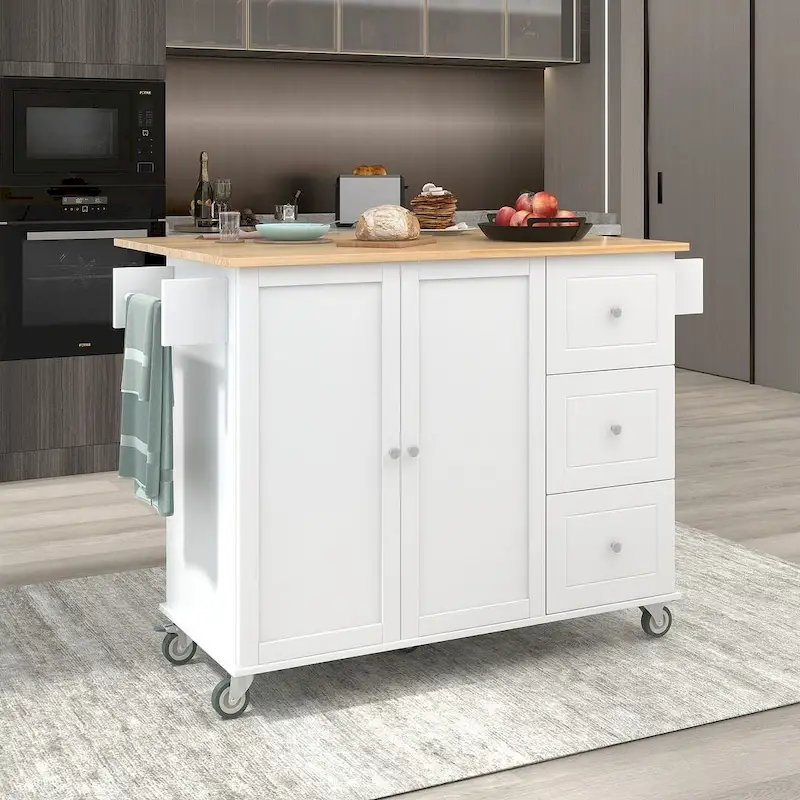52.7 W Folding Multifunctional Lockable Wheel Kitchen Cart with 2 Doors and 3 Drawers