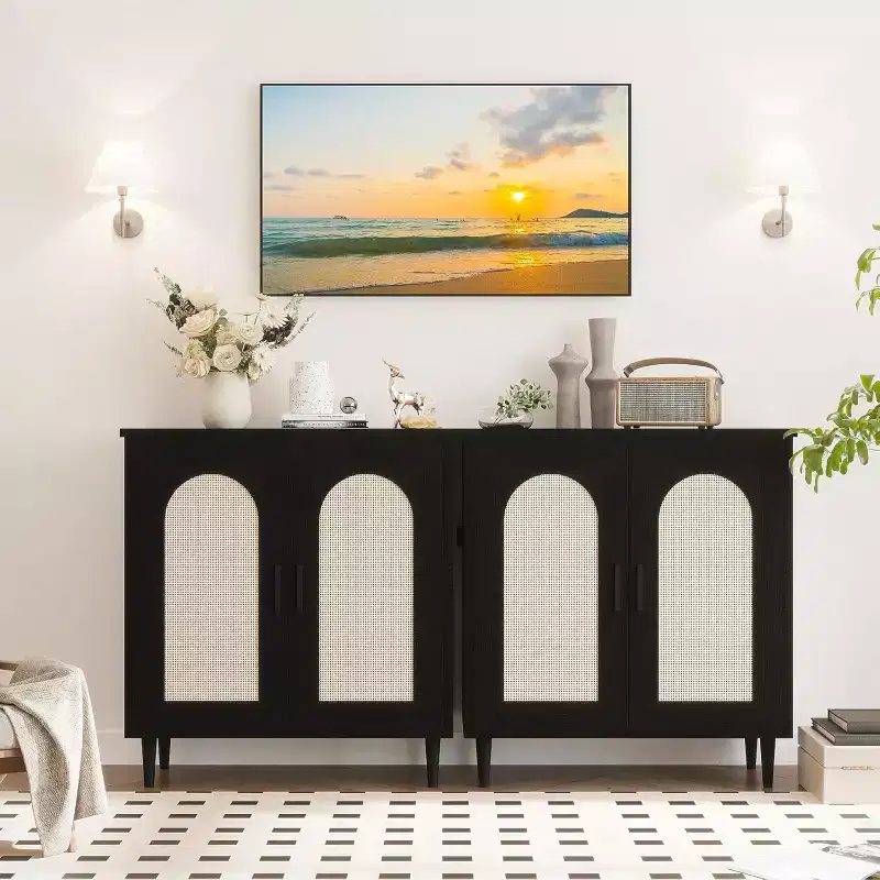 Sideboard Buffet Kitchen Storage Cabinet with Rattan, Solid Wood Feet for Living Room, Hallway, Entryway, Cabinet with Ample Storage Space
