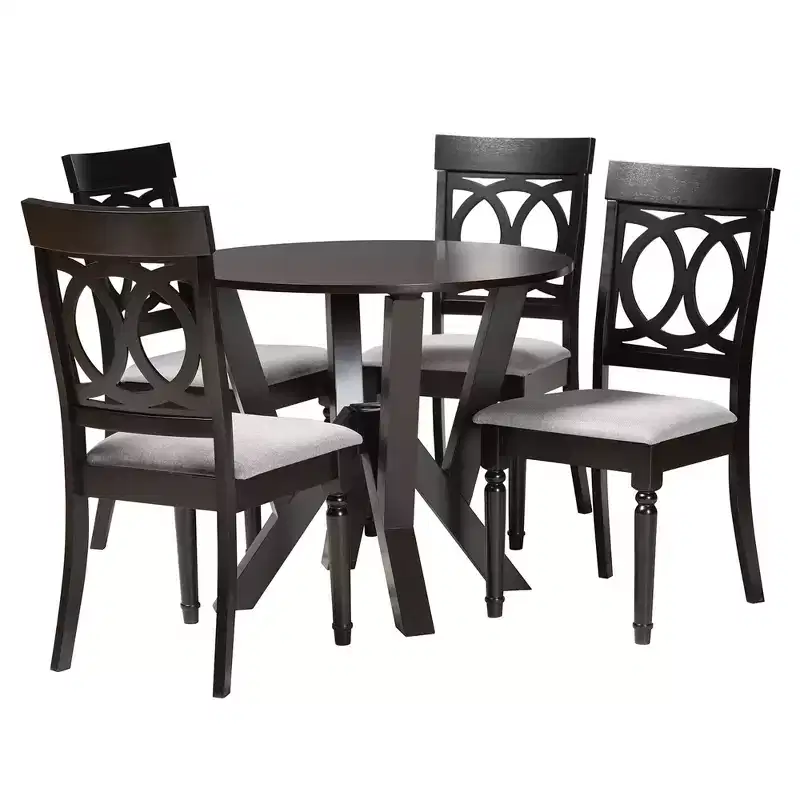 5-Piece Round Dining Set 4 Upholstered Chairs Rubberwood Cut-Out Back Foam Padded Seats