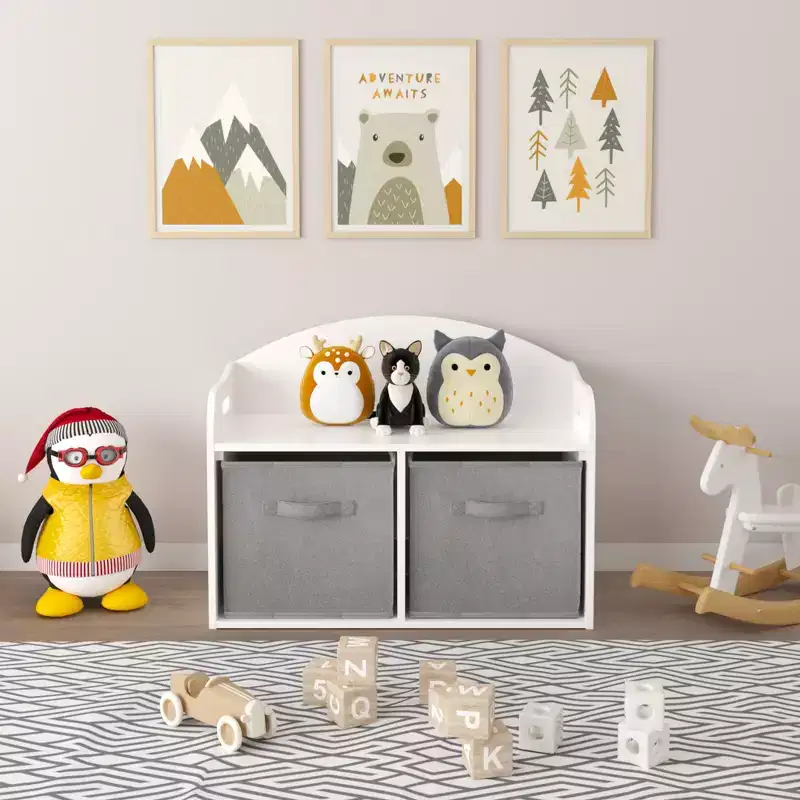Kids Wooden Toy Box/Bench with Collapsible Fabric Drawers - White