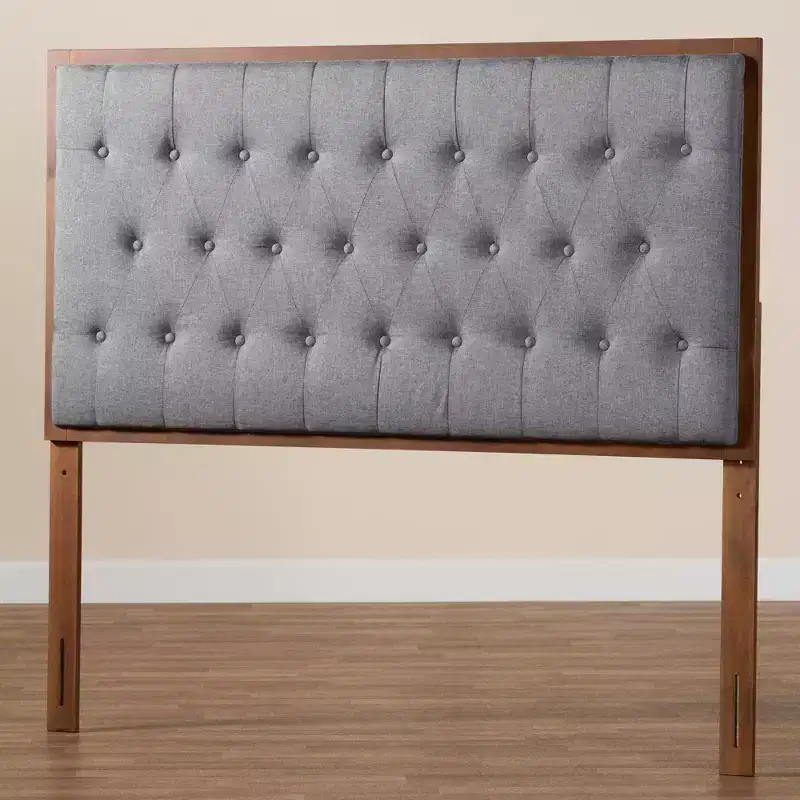 King Fabric & Wood Headboard - Gray/Walnut Brown, Button-Tufted, 5 Height Settings
