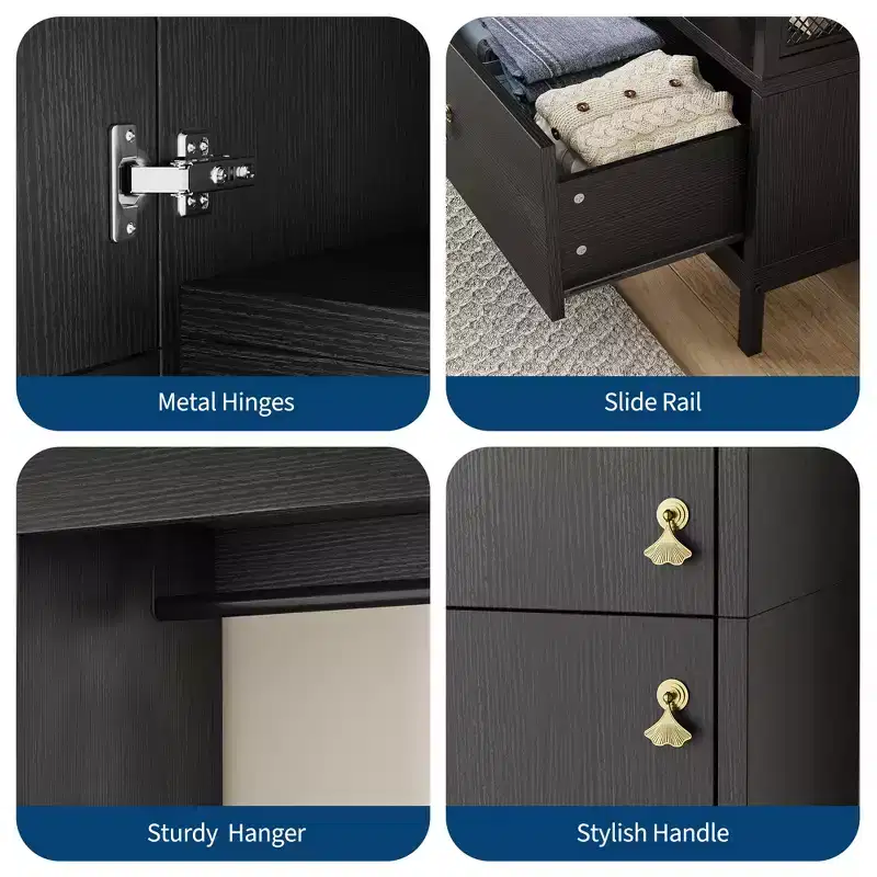 Freestanding Closet Organizer with Shelves & Hanging Rod, Modern Metal Wardrobe Rack with Mesh Side & Drawer, Space-Saving Clothes Storage System