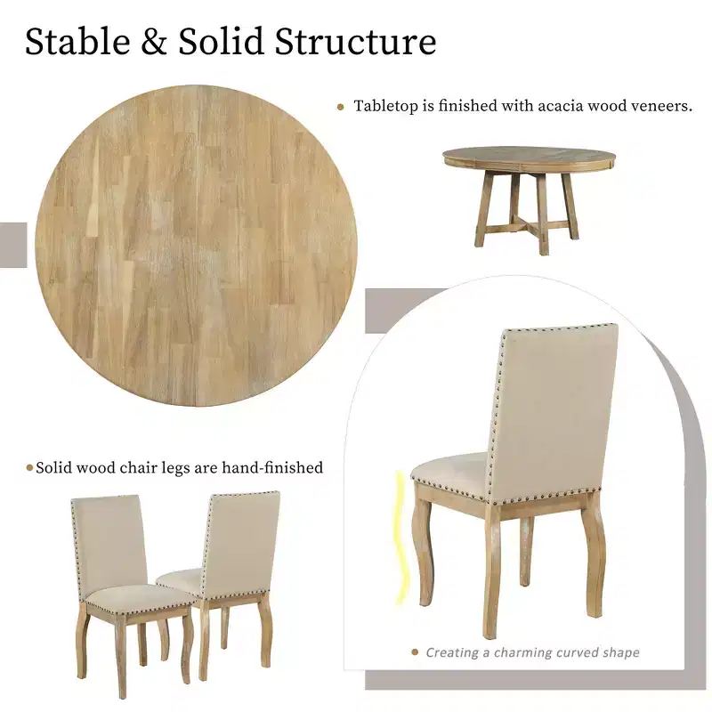 Whisen 5-Piece Farmhouse Dining Table Set with Extendable Dining Table and 4 Upholstered Dining Chairs