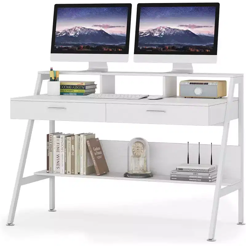 Lantine Modern 47 Computer Desk with Storage Shelf & Drawers, Office Writing Desk Study Table with Monitor Stand Riser for Home Office